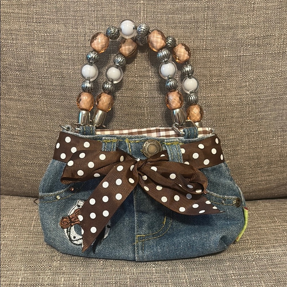 Charming Denim Kids Bag with Brown Polka Dot Bow